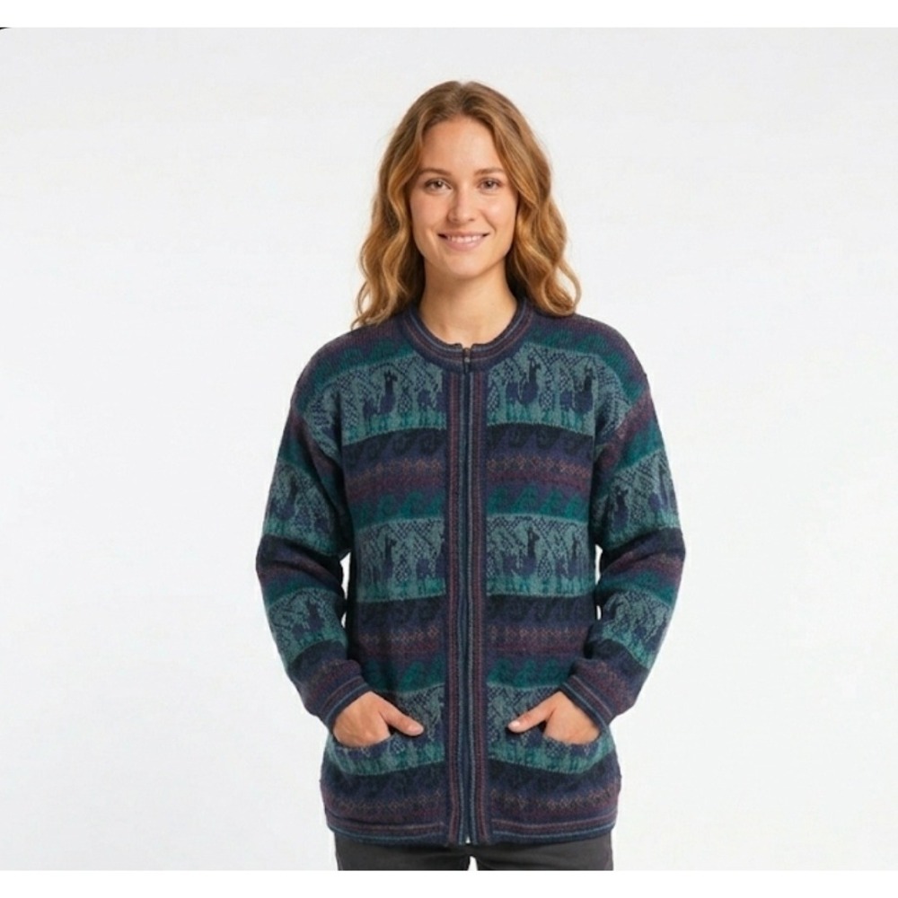 Arcohi's 100% Alpaca Llama Print Zip Cardigan Sweater Small‎ Blue Purple Women's
